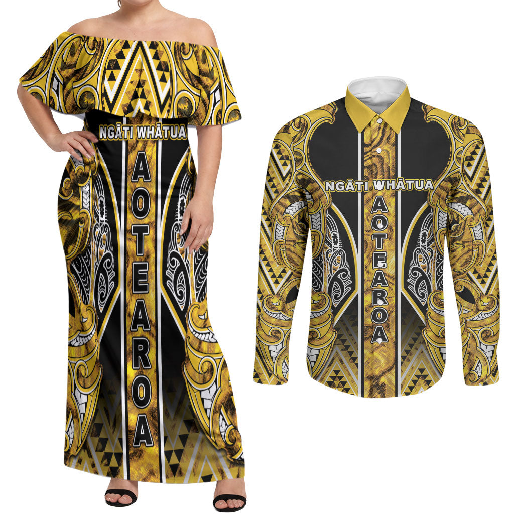 Aotearoa Ngati Whatua Couples Matching Off Shoulder Maxi Dress and Long Sleeve Button Shirt Maori Tribal Gold Paua Shell Pattern