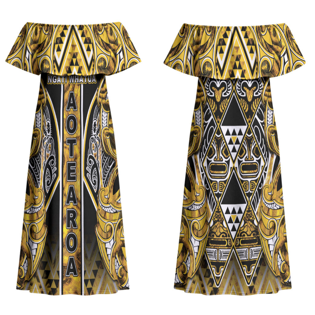 Aotearoa Ngati Whatua Couples Matching Off Shoulder Maxi Dress and Long Sleeve Button Shirt Maori Tribal Gold Paua Shell Pattern