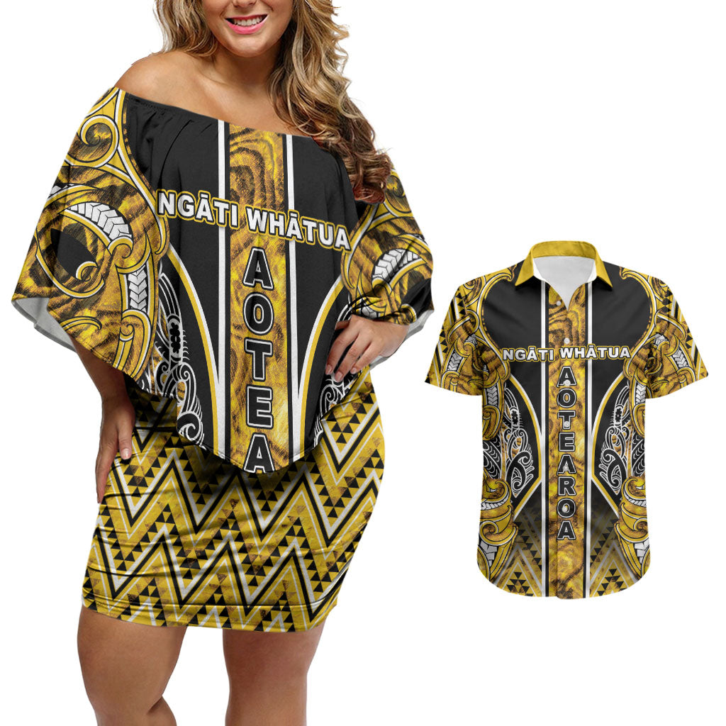Aotearoa Ngati Whatua Couples Matching Off Shoulder Short Dress and Hawaiian Shirt Maori Tribal Gold Paua Shell Pattern