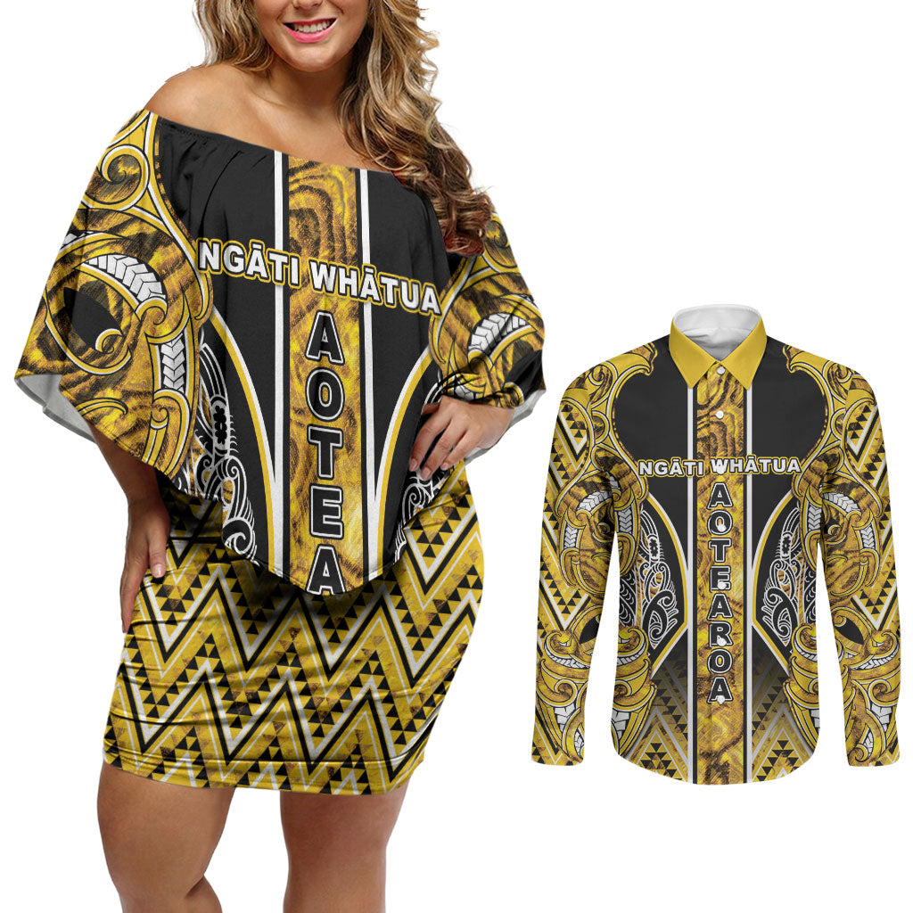 Aotearoa Ngati Whatua Couples Matching Off Shoulder Short Dress and Long Sleeve Button Shirt Maori Tribal Gold Paua Shell Pattern