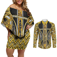 Aotearoa Ngati Whatua Couples Matching Off Shoulder Short Dress and Long Sleeve Button Shirt Maori Tribal Gold Paua Shell Pattern