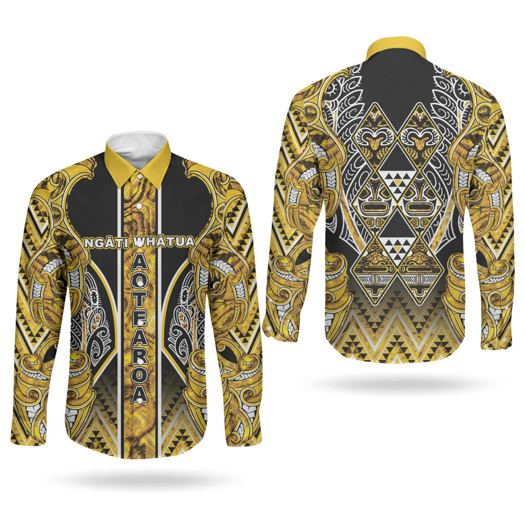 Aotearoa Ngati Whatua Couples Matching Off Shoulder Short Dress and Long Sleeve Button Shirt Maori Tribal Gold Paua Shell Pattern