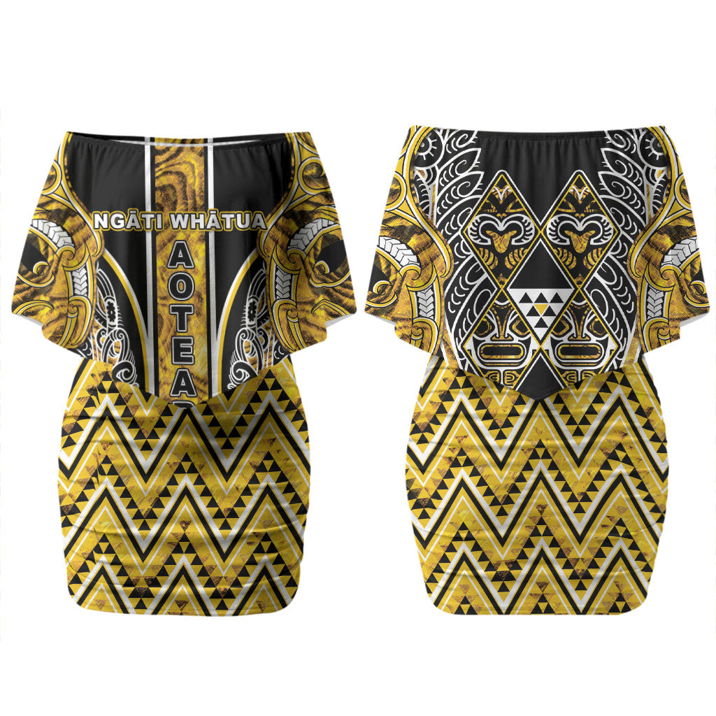 Aotearoa Ngati Whatua Couples Matching Off Shoulder Short Dress and Long Sleeve Button Shirt Maori Tribal Gold Paua Shell Pattern