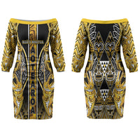 Aotearoa Ngati Whatua Couples Matching Off The Shoulder Long Sleeve Dress and Hawaiian Shirt Maori Tribal Gold Paua Shell Pattern