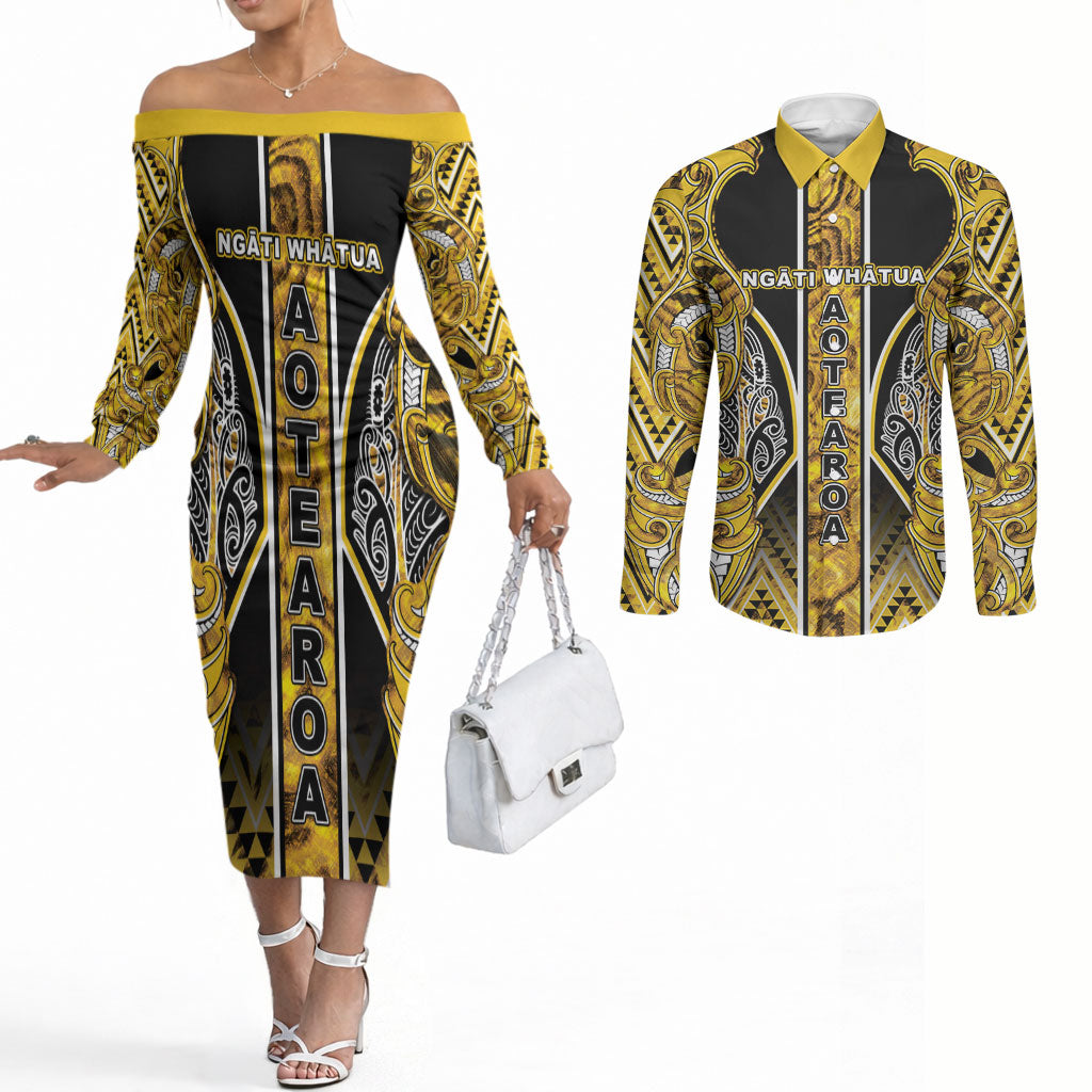 Aotearoa Ngati Whatua Couples Matching Off The Shoulder Long Sleeve Dress and Long Sleeve Button Shirt Maori Tribal Gold Paua Shell Pattern