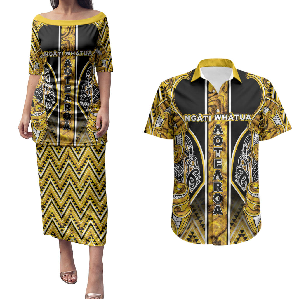 Aotearoa Ngati Whatua Couples Matching Puletasi and Hawaiian Shirt Maori Tribal Gold Paua Shell Pattern