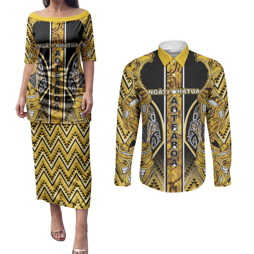 Aotearoa Ngati Whatua Couples Matching Puletasi and Long Sleeve Button Shirt Maori Tribal Gold Paua Shell Pattern
