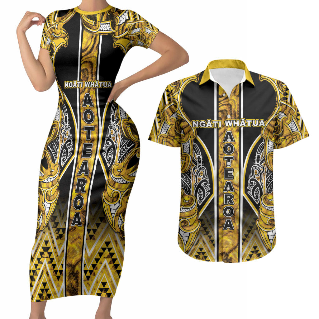 Aotearoa Ngati Whatua Couples Matching Short Sleeve Bodycon Dress and Hawaiian Shirt Maori Tribal Gold Paua Shell Pattern