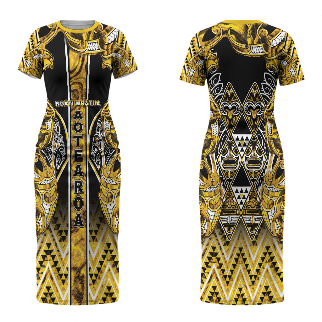 Aotearoa Ngati Whatua Couples Matching Short Sleeve Bodycon Dress and Hawaiian Shirt Maori Tribal Gold Paua Shell Pattern