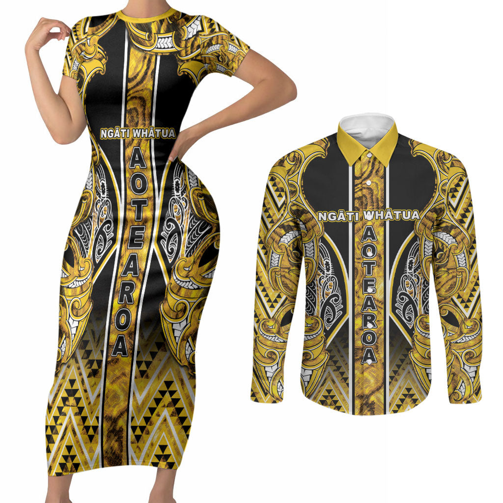 Aotearoa Ngati Whatua Couples Matching Short Sleeve Bodycon Dress and Long Sleeve Button Shirt Maori Tribal Gold Paua Shell Pattern