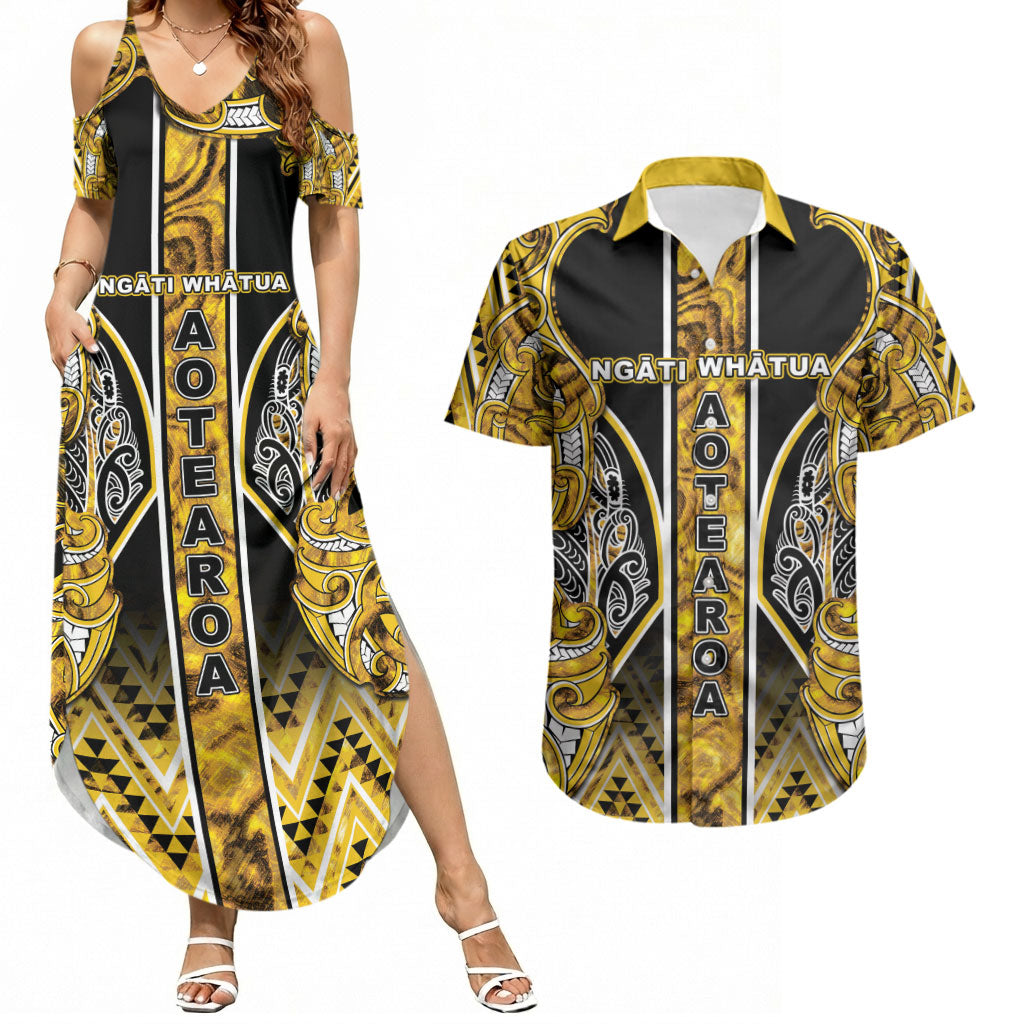 Aotearoa Ngati Whatua Couples Matching Summer Maxi Dress and Hawaiian Shirt Maori Tribal Gold Paua Shell Pattern