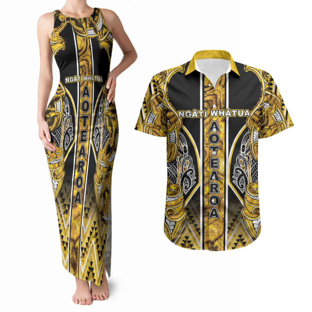 Aotearoa Ngati Whatua Couples Matching Tank Maxi Dress and Hawaiian Shirt Maori Tribal Gold Paua Shell Pattern