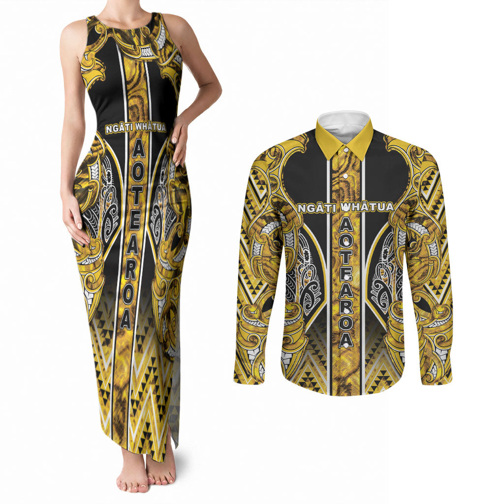 Aotearoa Ngati Whatua Couples Matching Tank Maxi Dress and Long Sleeve Button Shirt Maori Tribal Gold Paua Shell Pattern
