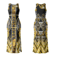 Aotearoa Ngati Whatua Couples Matching Tank Maxi Dress and Long Sleeve Button Shirt Maori Tribal Gold Paua Shell Pattern