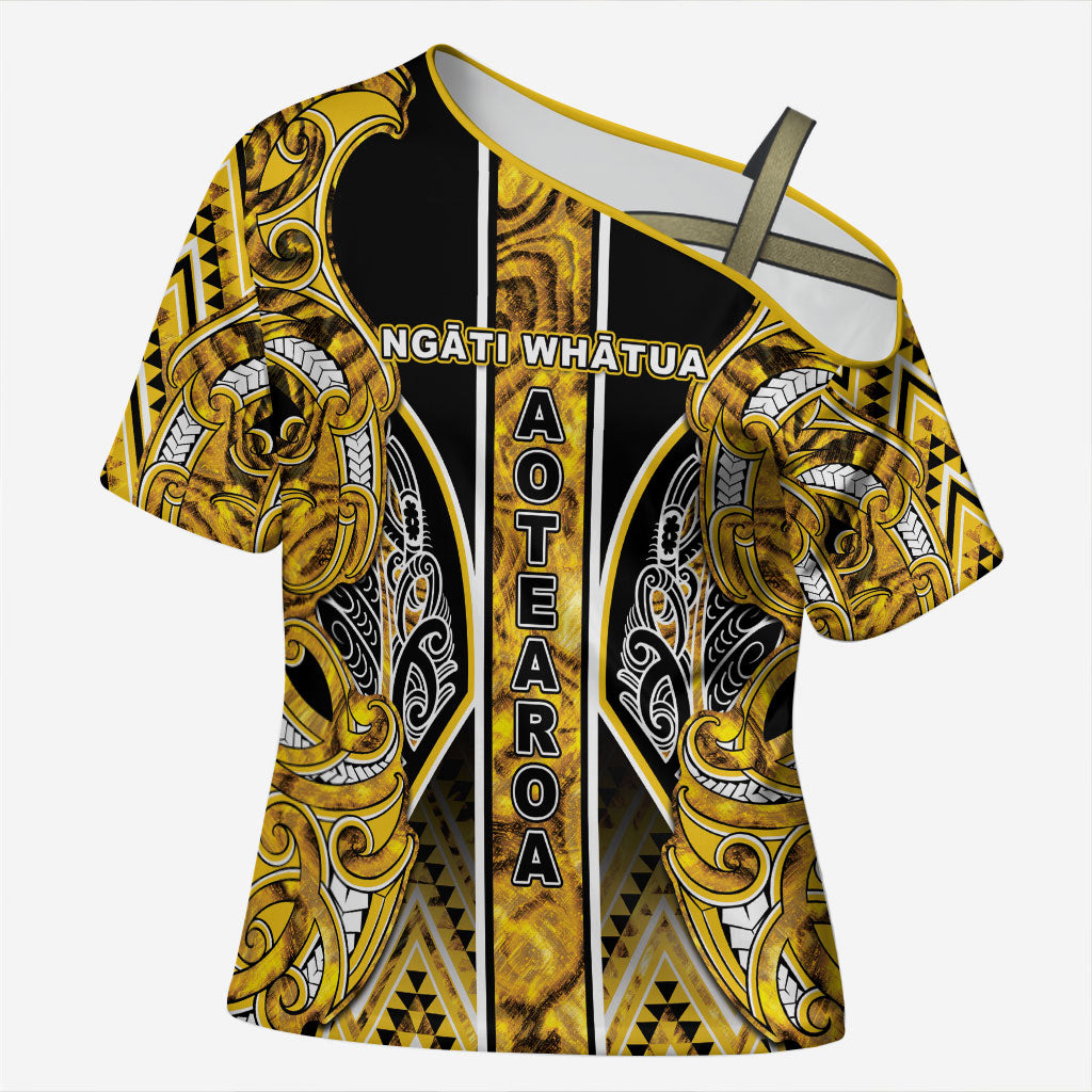 Aotearoa Ngati Whatua Cross Shoulder Shirt Maori Tribal Gold Paua Shell Pattern