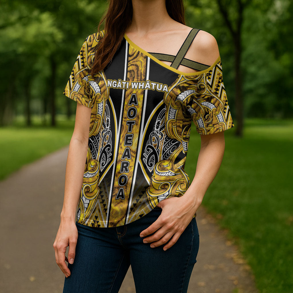 Aotearoa Ngati Whatua Cross Shoulder Shirt Maori Tribal Gold Paua Shell Pattern