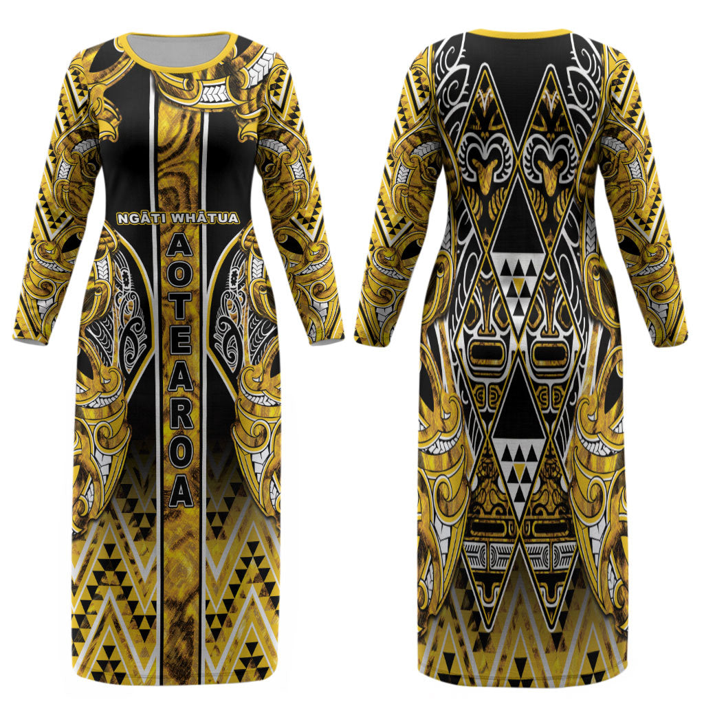 Aotearoa Ngati Whatua Family Matching Long Sleeve Bodycon Dress and Hawaiian Shirt Maori Tribal Gold Paua Shell Pattern