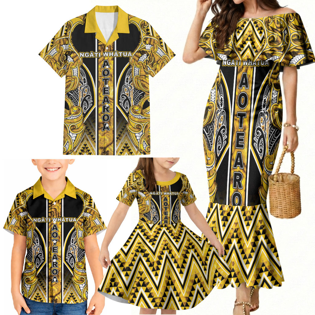Aotearoa Ngati Whatua Family Matching Mermaid Dress and Hawaiian Shirt Maori Tribal Gold Paua Shell Pattern