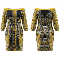 Aotearoa Ngati Whatua Family Matching Off The Shoulder Long Sleeve Dress and Hawaiian Shirt Maori Tribal Gold Paua Shell Pattern