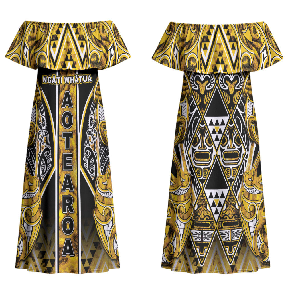 Aotearoa Ngati Whatua Family Matching Off Shoulder Maxi Dress and Hawaiian Shirt Maori Tribal Gold Paua Shell Pattern