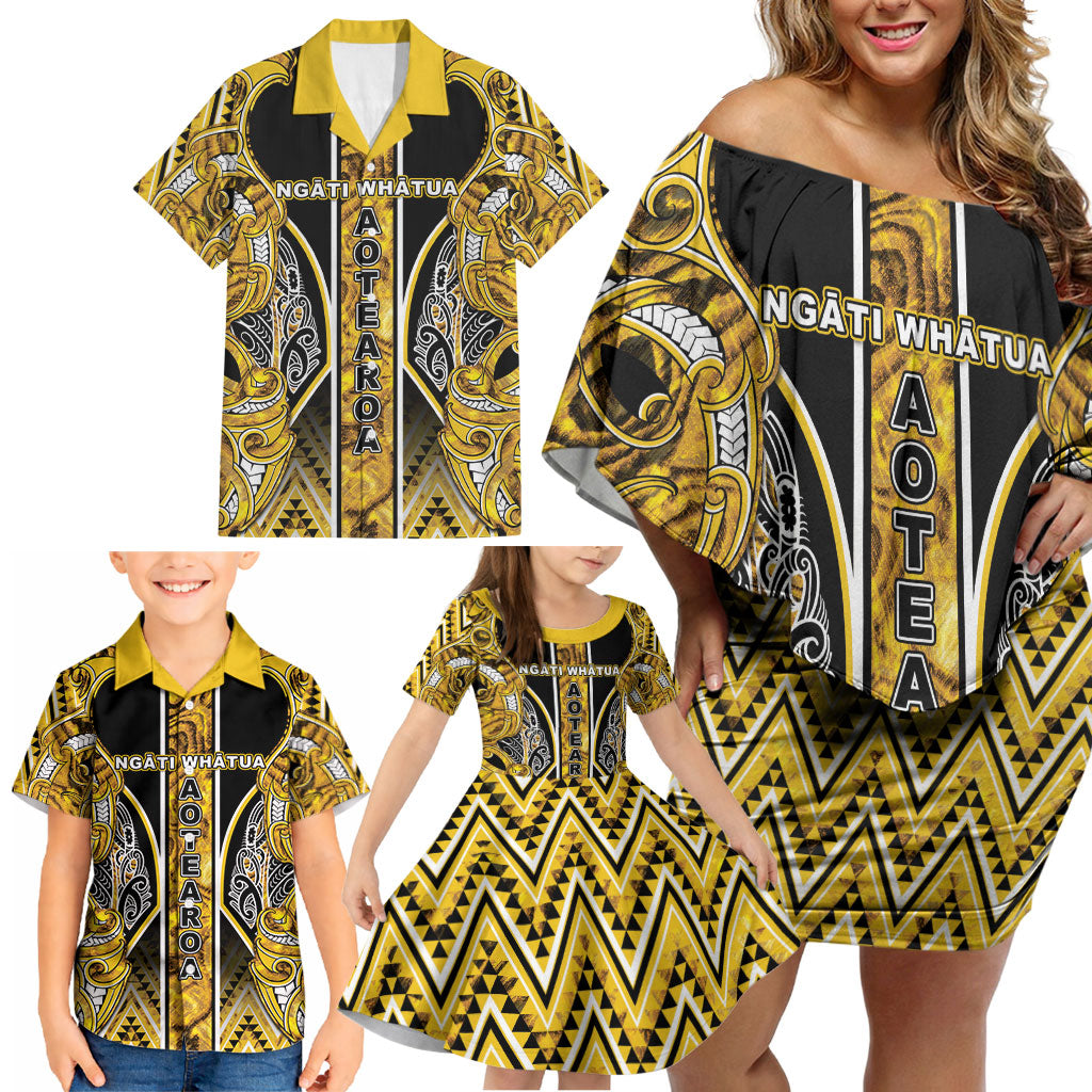 Aotearoa Ngati Whatua Family Matching Off Shoulder Short Dress and Hawaiian Shirt Maori Tribal Gold Paua Shell Pattern