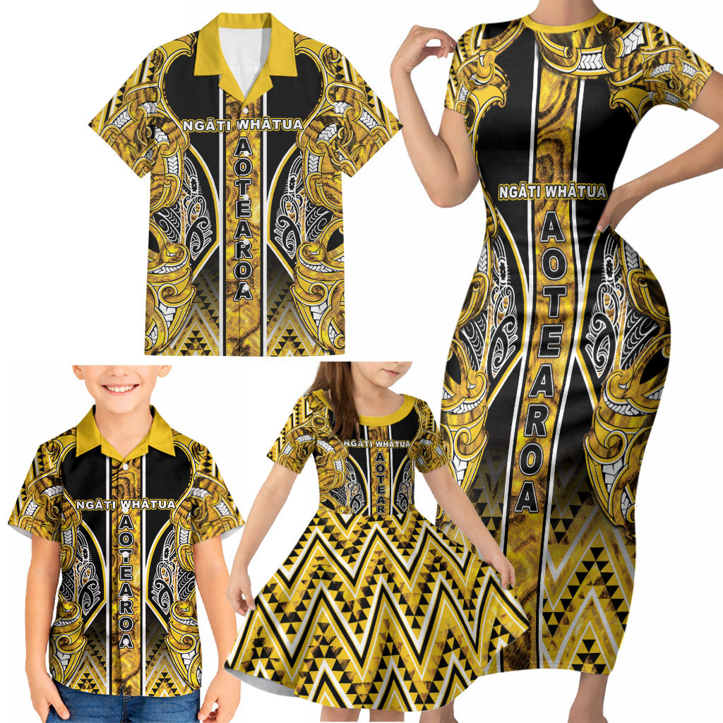 Aotearoa Ngati Whatua Family Matching Short Sleeve Bodycon Dress and Hawaiian Shirt Maori Tribal Gold Paua Shell Pattern