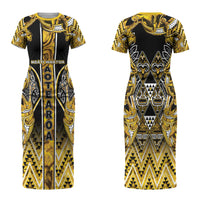 Aotearoa Ngati Whatua Family Matching Short Sleeve Bodycon Dress and Hawaiian Shirt Maori Tribal Gold Paua Shell Pattern
