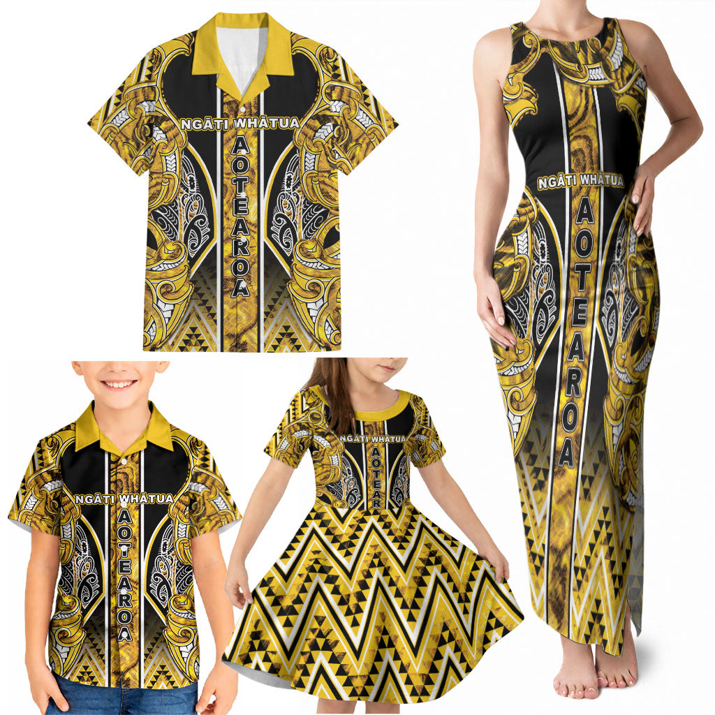 Aotearoa Ngati Whatua Family Matching Tank Maxi Dress and Hawaiian Shirt Maori Tribal Gold Paua Shell Pattern
