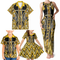 Aotearoa Ngati Whatua Family Matching Tank Maxi Dress and Hawaiian Shirt Maori Tribal Gold Paua Shell Pattern