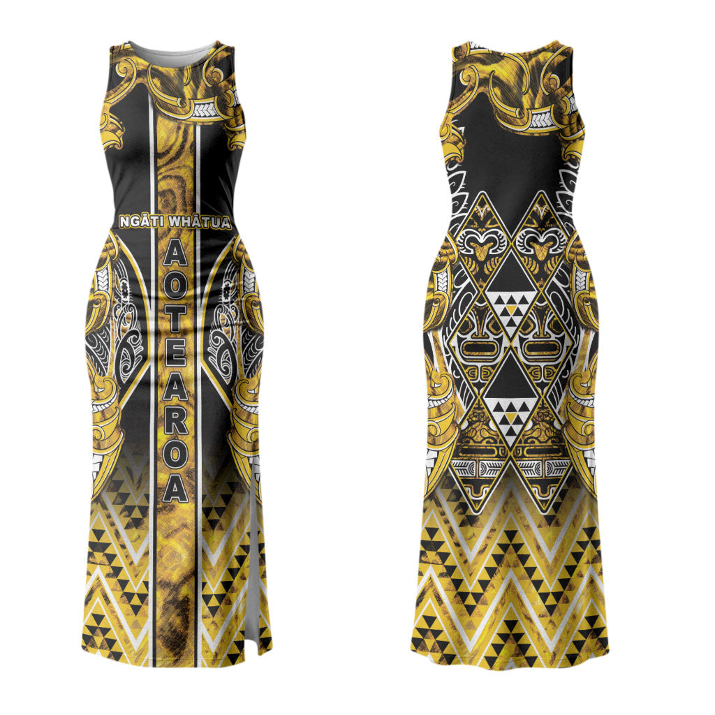 Aotearoa Ngati Whatua Family Matching Tank Maxi Dress and Hawaiian Shirt Maori Tribal Gold Paua Shell Pattern