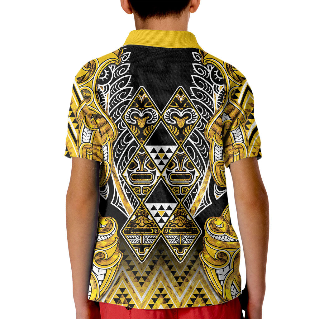 Aotearoa Ngati Whatua Kid Polo Shirt Maori Tribal Gold Paua Shell Pattern