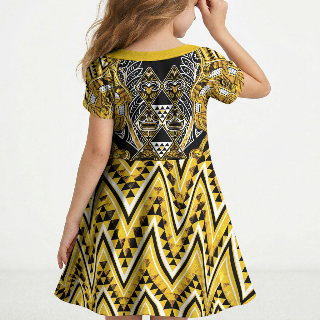 Aotearoa Ngati Whatua Kid Short Sleeve Dress Maori Tribal Gold Paua Shell Pattern