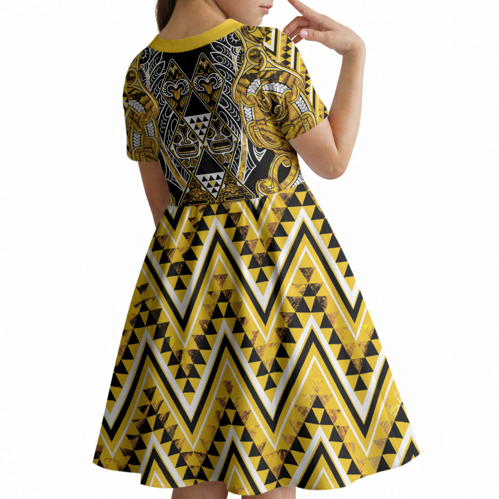 Aotearoa Ngati Whatua Kid Short Sleeve Dress Maori Tribal Gold Paua Shell Pattern