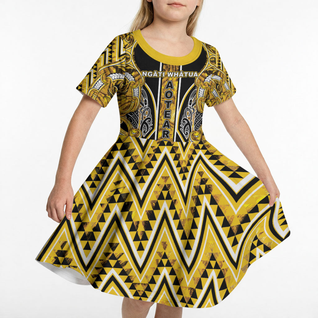 Aotearoa Ngati Whatua Kid Short Sleeve Dress Maori Tribal Gold Paua Shell Pattern