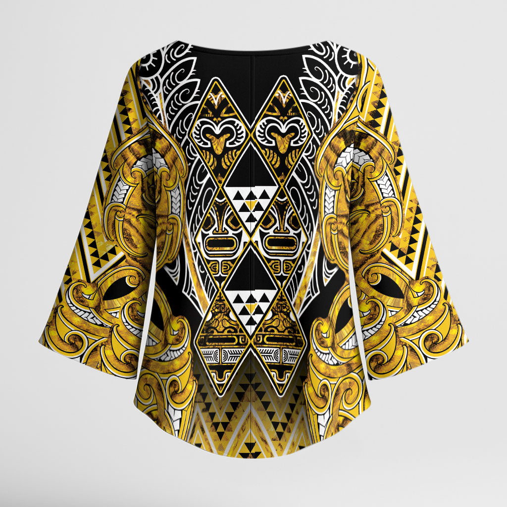 Aotearoa Ngati Whatua Kimono Sleeve Blouse Maori Tribal Gold Paua Shell Pattern