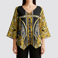 Aotearoa Ngati Whatua Kimono Sleeve Blouse Maori Tribal Gold Paua Shell Pattern