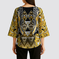 Aotearoa Ngati Whatua Kimono Sleeve Blouse Maori Tribal Gold Paua Shell Pattern
