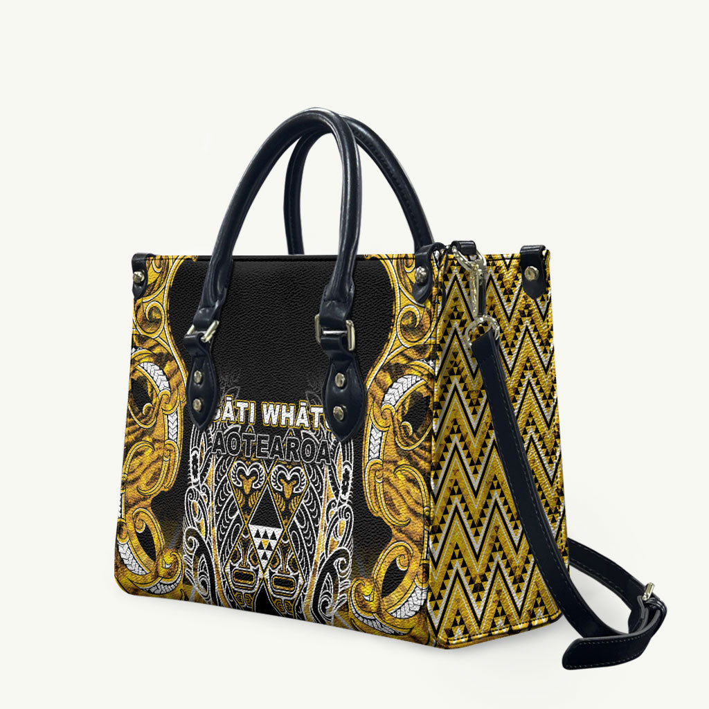 Aotearoa Ngati Whatua Leather Bag Maori Tribal Gold Paua Shell Pattern