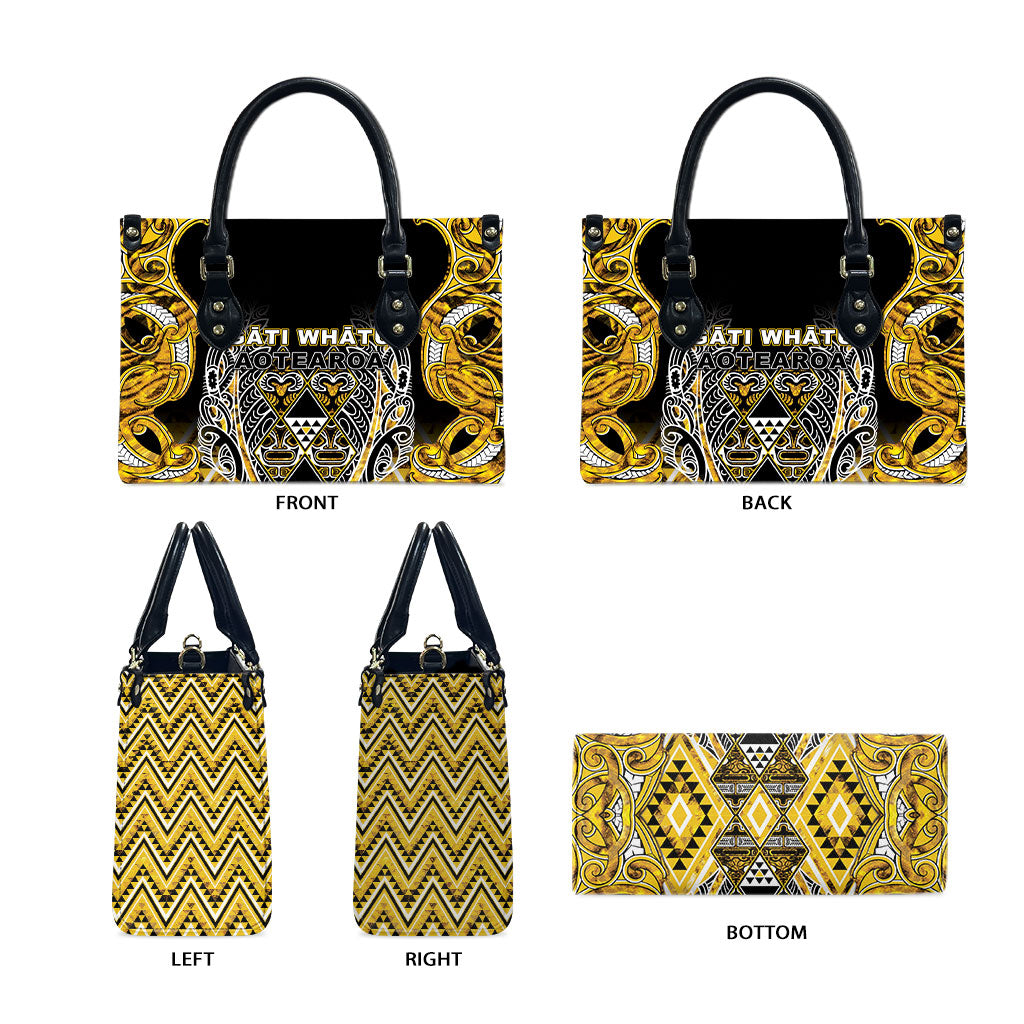 Aotearoa Ngati Whatua Leather Bag Maori Tribal Gold Paua Shell Pattern