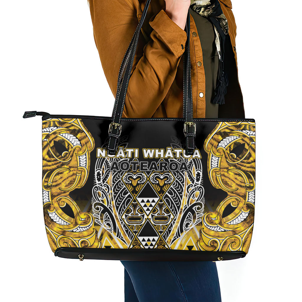 Aotearoa Ngati Whatua Leather Tote Bag Maori Tribal Gold Paua Shell Pattern