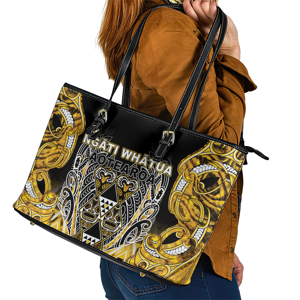Aotearoa Ngati Whatua Leather Tote Bag Maori Tribal Gold Paua Shell Pattern