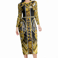 Aotearoa Ngati Whatua Long Sleeve Bodycon Dress Maori Tribal Gold Paua Shell Pattern