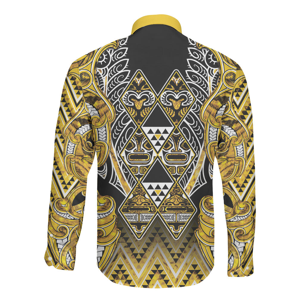 Aotearoa Ngati Whatua Long Sleeve Button Shirt Maori Tribal Gold Paua Shell Pattern