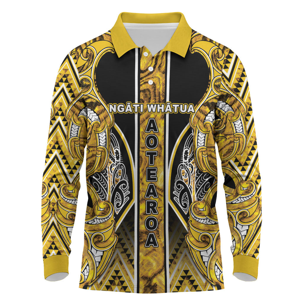 Aotearoa Ngati Whatua Long Sleeve Polo Shirt Maori Tribal Gold Paua Shell Pattern