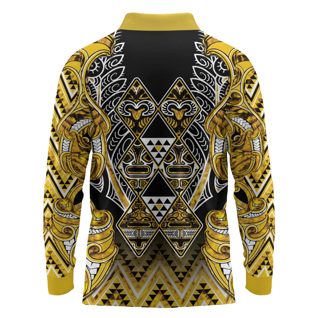 Aotearoa Ngati Whatua Long Sleeve Polo Shirt Maori Tribal Gold Paua Shell Pattern
