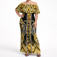 Aotearoa Ngati Whatua Off Shoulder Maxi Dress Maori Tribal Gold Paua Shell Pattern