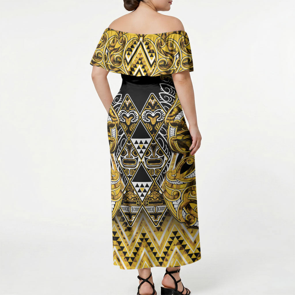Aotearoa Ngati Whatua Off Shoulder Maxi Dress Maori Tribal Gold Paua Shell Pattern