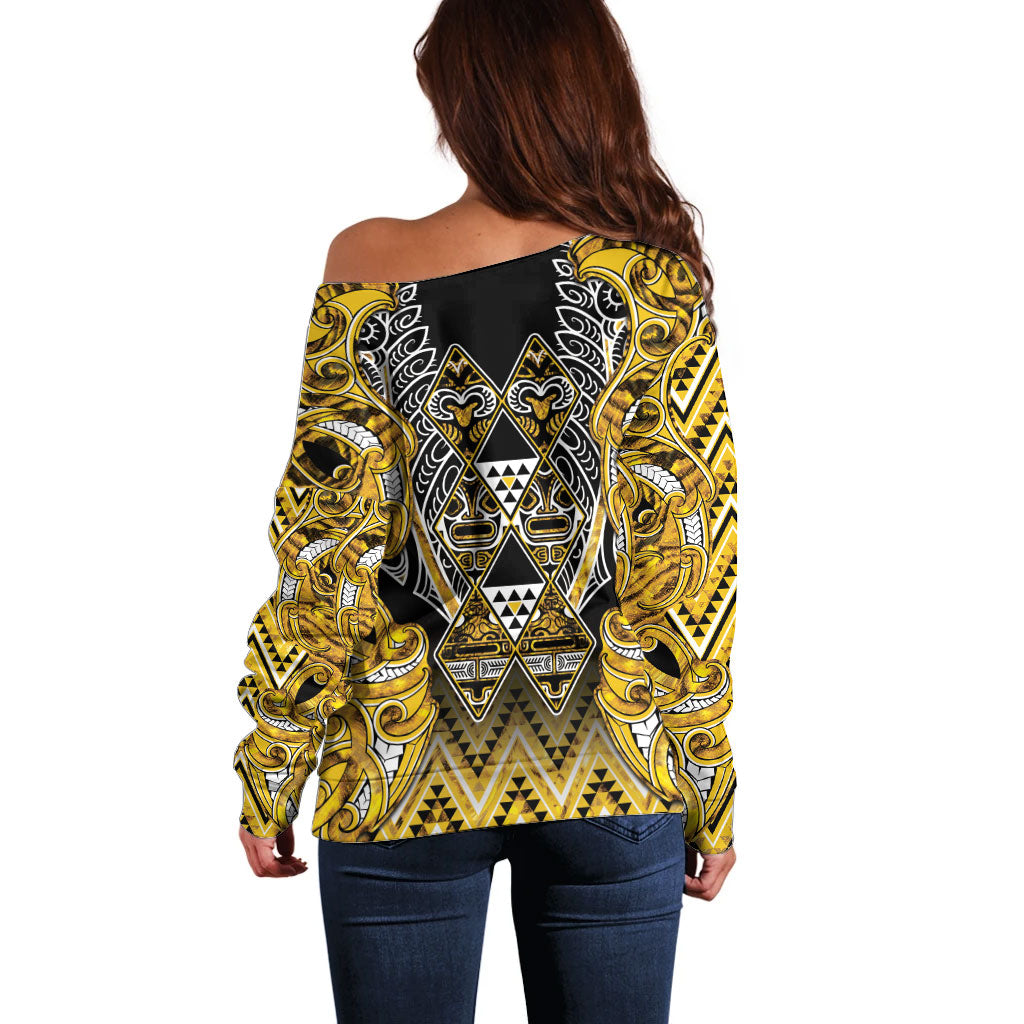 Aotearoa Ngati Whatua Off Shoulder Sweater Maori Tribal Gold Paua Shell Pattern