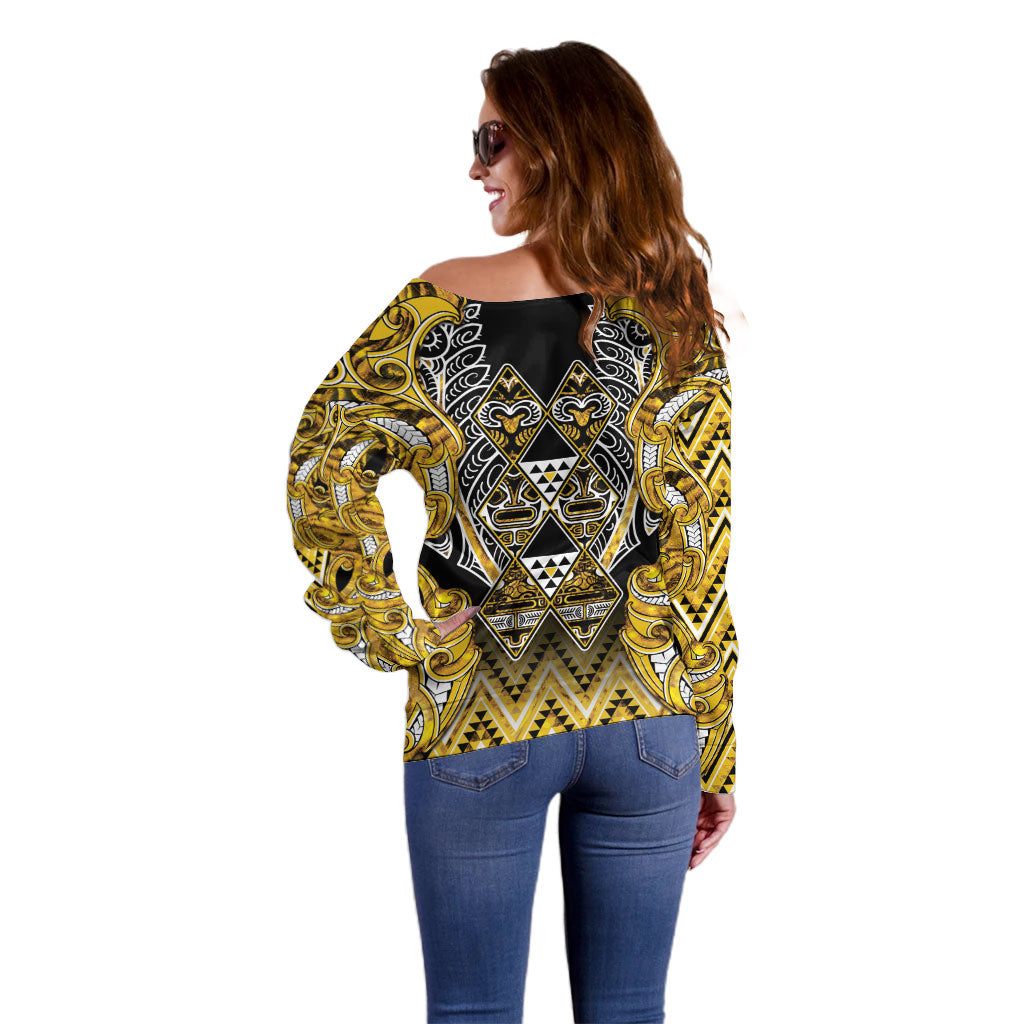 Aotearoa Ngati Whatua Off Shoulder Sweater Maori Tribal Gold Paua Shell Pattern