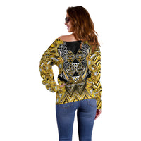 Aotearoa Ngati Whatua Off Shoulder Sweater Maori Tribal Gold Paua Shell Pattern